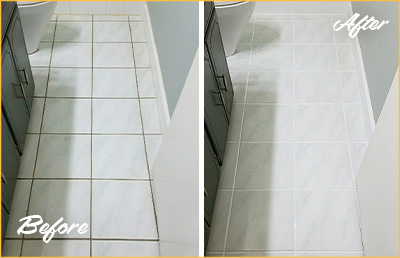 Picture of White Tile Bathroom Floor Before and After Grout Color Change