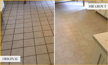 Before and After Picture of a Dirty Kitchen Tile Floor Cleaned and Sealed for Extra Protection