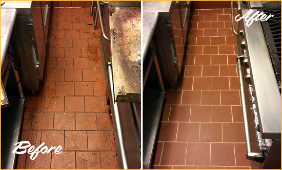 Before and After Picture of a Collegeville Restaurant Kitchen Tile and Grout Cleaned to Eliminate Dirt and Grease Build-Up