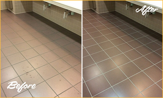 Before and After Picture of a Chatham Restrooms Tile and Grout Cleaned to Remove Embedded Dirt