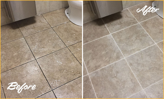 Before and After Picture of a Skippack Restroom Tile and Grout Cleaned to Remove Soil