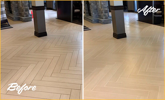 Before and After Picture of a Chatham Office Floor Tile and Grout Cleaned to Remove Stains