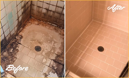 Before and After Picture of a Parkesburg Shower Tile and Grout Cleaned to Repair Water Damage