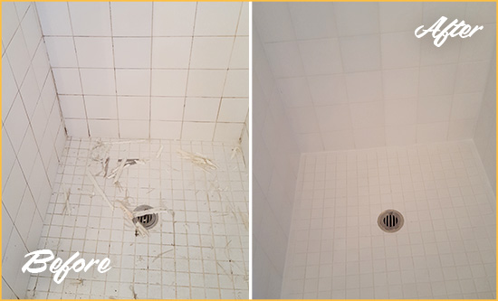 Before and After Picture of a Nottingham Bathroom Re-Caulked To Repair Damaged Caulking