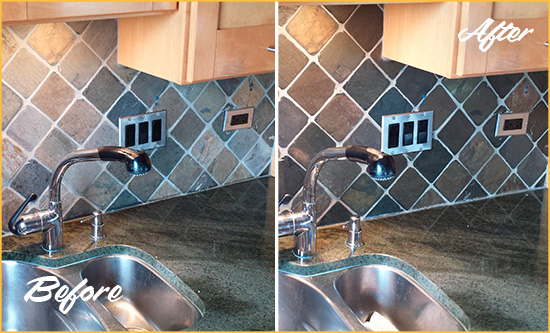 Before and After Picture of a Gladwyne Backsplash Caulked to Fix and Prevent Water Leaks