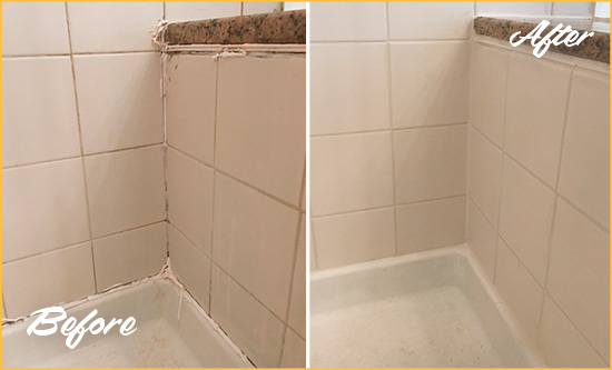 Before and After Picture of a Nottingham Shower Caulked to Repair Damaged Caulking