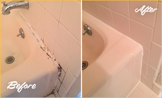 Before and After Picture of a Media Bathroom Sink Caulked to Fix a DIY Proyect Gone Wrong