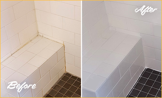 Before and After Picture of a Cochranville Shower Seat Caulked to Protect Against Mold and Mildew Growth