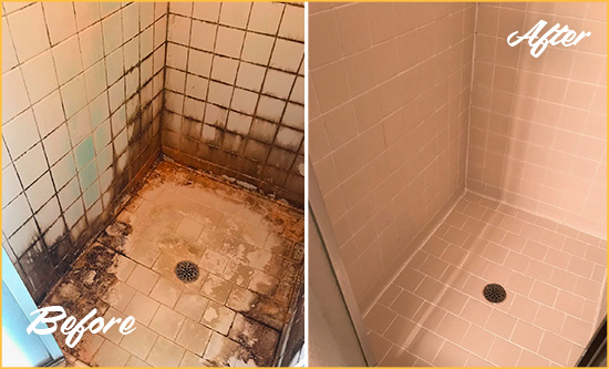 Before and After Picture of a Chatham Shower Caulked to Fix and Prevent Water Damage