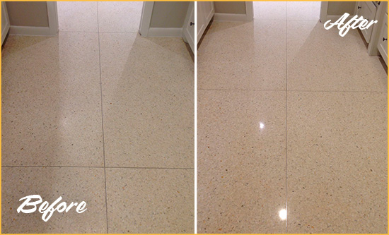 Before and After Picture of a Chester Springs Granite Stone Floor Polished to Repair Dullness