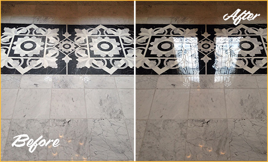 Before and After Picture of a Merion Station Marble Stone Floor Polished to a Mirror Shine