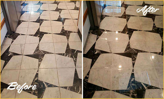 Before and After Picture of a Dull Chadds Ford Marble Stone Floor Polished To Recover Its Luster