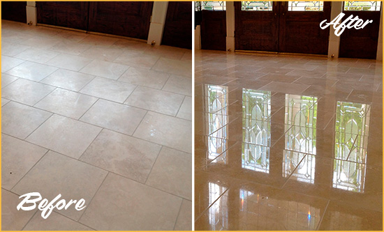 Before and After Picture of a Dull Merion Station Travertine Stone Floor Polished to Recover Its Gloss