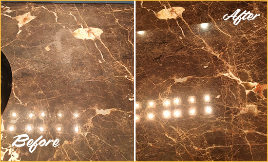 Before and After Picture of a Suplee Marble Stone Countertop Polished to Eliminate Stains