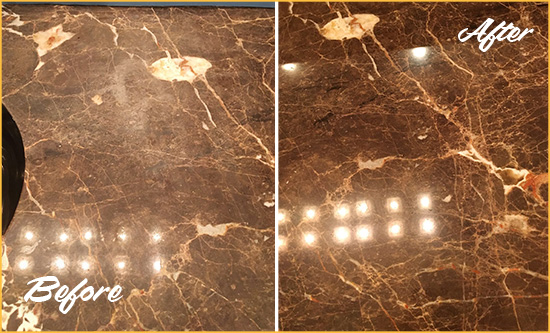 Before and After Picture of a Merion Station Marble Stone Countertop Polished to Eliminate Stains