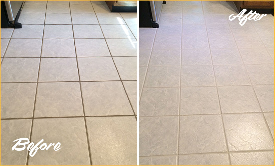 Before and After Picture of a Media Kitchen Ceramic Floor Sealed to Protect From Dirt and Spills