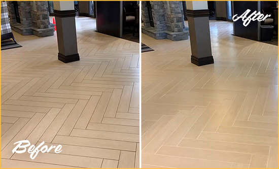 Before and After Picture of a Dirty Devon Ceramic Office Lobby Sealed For Extra Protection Against Heavy Foot Traffic