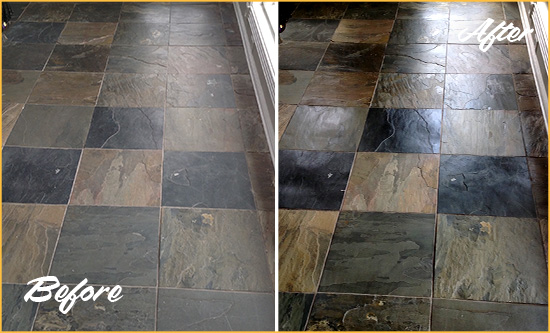 Before and After Picture of a Dull Thornton Slate Floor Sealed to Bring Back Its Colors