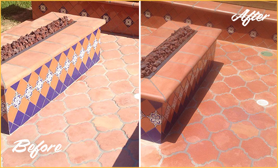 Before and After Picture of a Dull Devon Terracotta Patio Floor Sealed For UV Protection