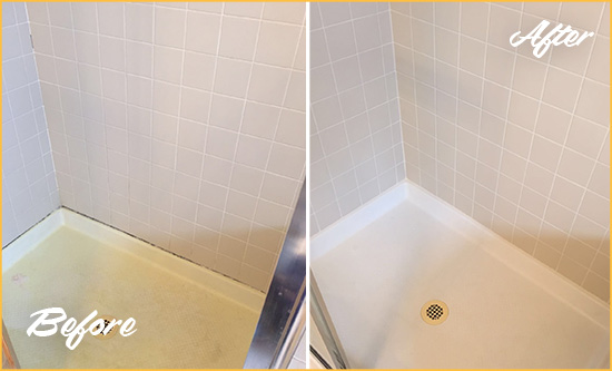 Before and After Picture of a Malvern Shower Sealed to Remove and Protect Against Mold