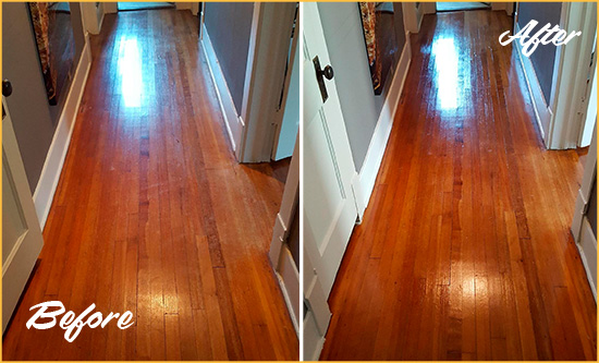 Before and After Picture of a Gladwyne Wood Deep Cleaning Service on a Floor to Eliminate Scratches