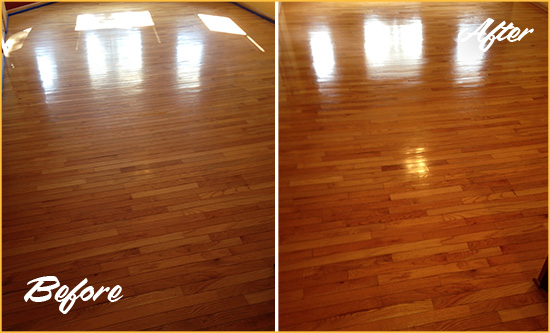 Before and After Picture of a Suplee Wood Deep Cleaning Service on a Room Floor to Remove Scratches
