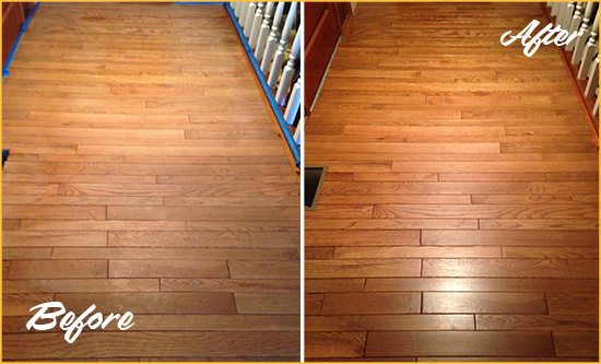 Before and After Picture of a Pocopson Wood Sand Free Refinishing Service on a Dull Hallway