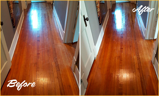 Before and After Picture of a Spring Mount Wood Sand Free Refinishing Service on a Floor to Eliminate Scratches