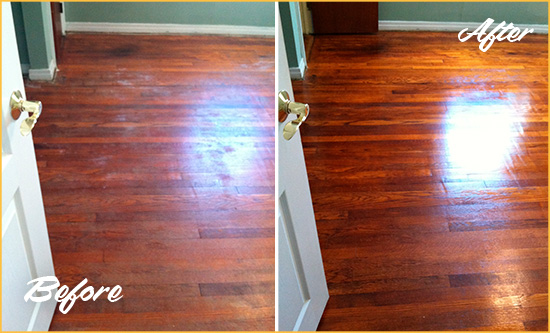 Before and After Picture of a Suplee Wood Sand Free Refinishing Service on a Dull Floor to Remove Stains