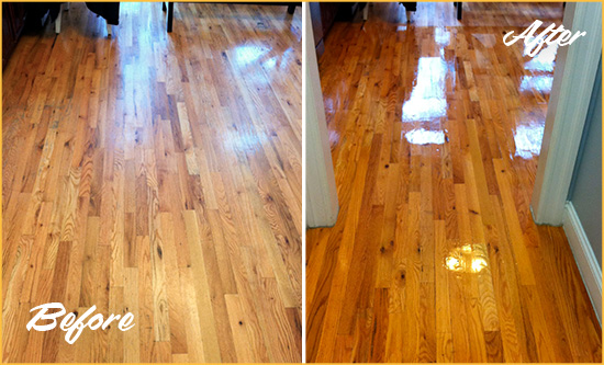 Before and After Picture of a Uwchland Wood Sand Free Refinishing Service on a Worn Out Hallway
