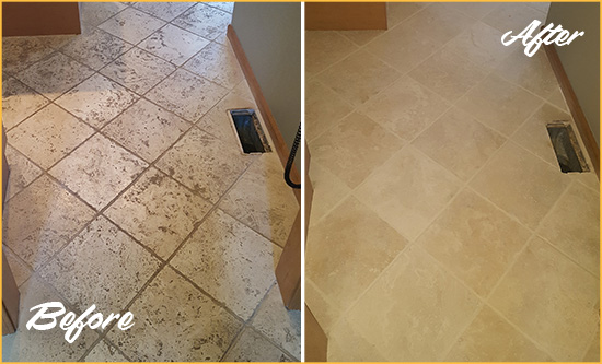 Before and After Picture of a Kelton Kitchen Marble Floor Cleaned to Remove Embedded Dirt