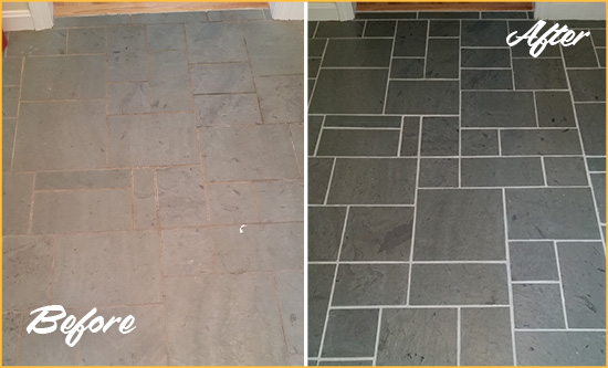 Before and After Picture of a Spring Mount Slate Floor Cleaned to Remove Deep-Seated Dirt