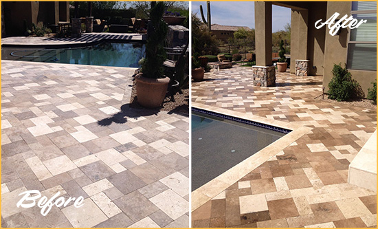 Before and After Picture of a Dull Audubon Travertine Pool Deck Cleaned to Recover Its Original Colors