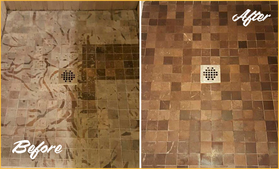 Before and After Picture of a Stained West Chester Marble Shower Floor Cleaned to Remove Etching