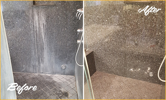 Before and After Picture of a Thorndale Granite Shower Cleaned to Remove Mineral Deposits