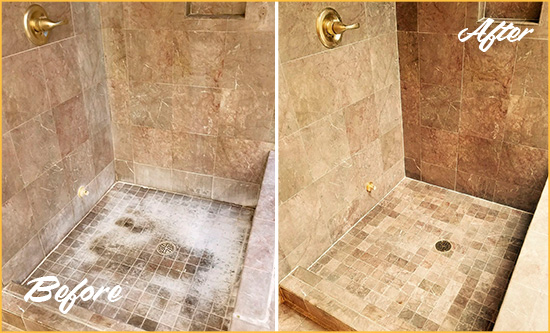 Before and After Picture of a West Chester Travertine Shower Cleaned to Eliminate Water Spots