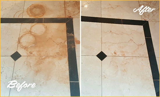 Before and After Picture of a Devault Marble Floor Cleaned to Eliminate Rust Stains