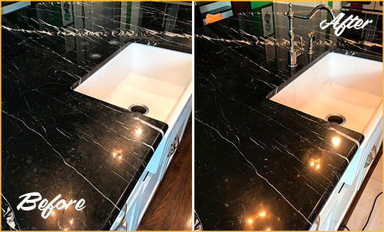 Before and After Picture of a Berwyn Marble Kitchen Countertop Stone Sealed to Avoid Water Damage