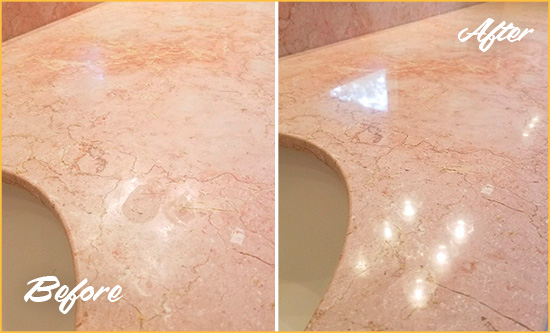 Before and After Picture of a Devault Marble Stone Vanity Top Sealed to Avoid Water Marks