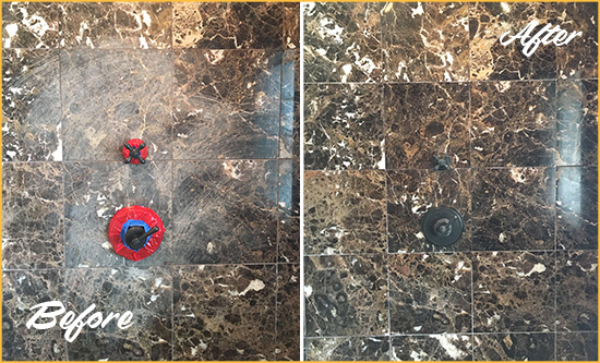 Before and After Picture of a Glen Riddle Lima Marble Shower Honed to Remove Scratches