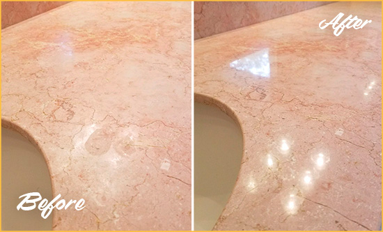 Before and After Picture of a Spring Mount Marble Vanity Top Honed to Eliminate Water Spots