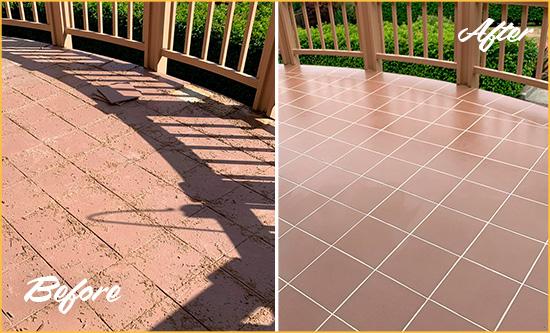 Before and After Picture of a Pomeroy Hard Surface Restoration Service on a Tiled Deck