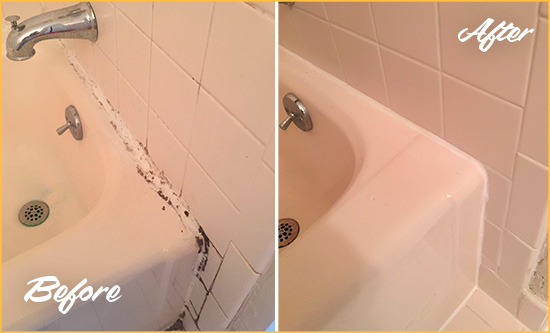 Before and After Picture of a Merion Station Hard Surface Restoration Service on a Tile Shower to Repair Damaged Caulking