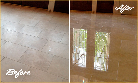 Before and After Picture of a Chatham Hard Surface Restoration Service on a Dull Travertine Floor Polished to Recover Its Splendor