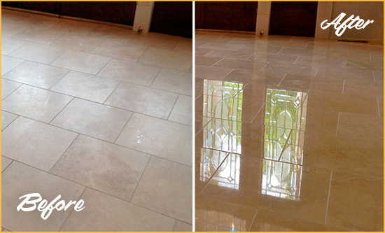 Before and After Picture of a Royersford Hard Surface Restoration Service on a Dull Travertine Floor Polished to Recover Its Splendor