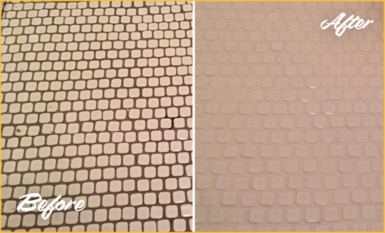 Before and After Picture of a Immaculata Hard Surface Restoration Service on a Bathroom Tile Floor Recolored to Fix Grout Color