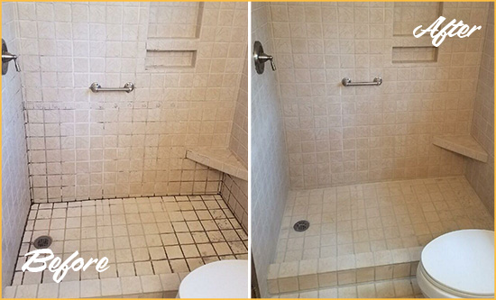 Before and After Picture of a Kelton Shower Grout Cleaned to Remove Mold
