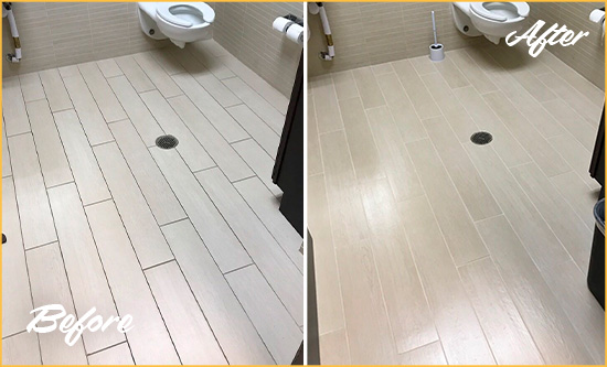 Before and After Picture of a Nottingham Office Restroom's Grout Cleaned to Remove Dirt
