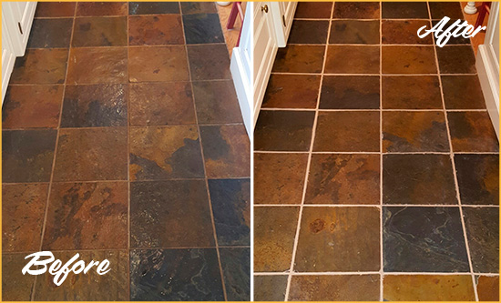 Before and After Picture of Toughkenamon Slate Floor Grout Cleaned to Remove Dirt