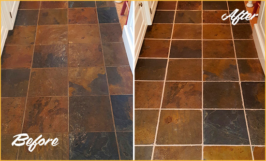 Before and After Picture of Gilbertsville Slate Floor Grout Cleaned to Remove Dirt